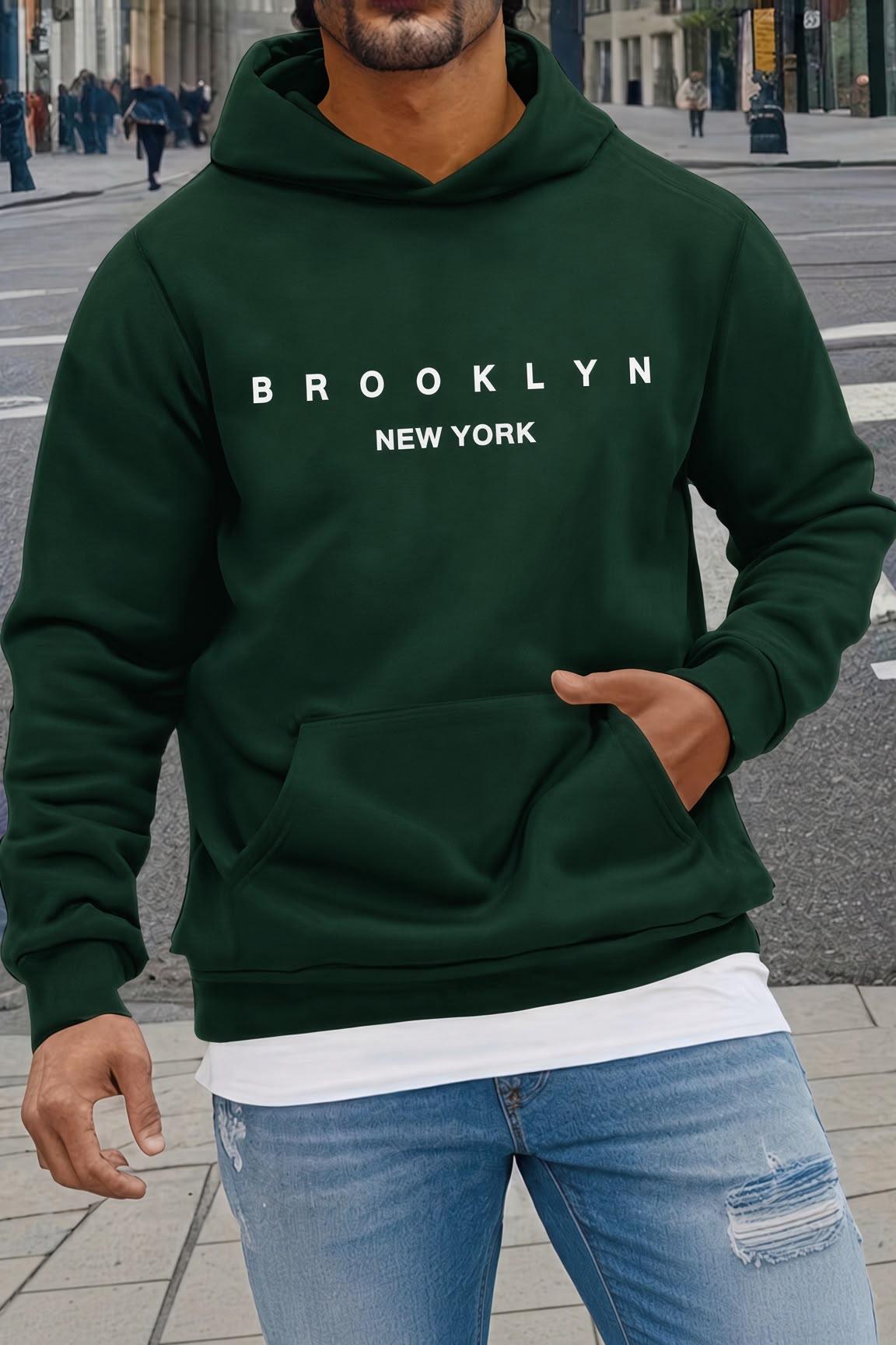 Sw Newyork Brooklyn Baskılı İki İplik Pamuklu Erkek Kanguru Cepli Kapüşonlu Sweatshirt / Hoodie