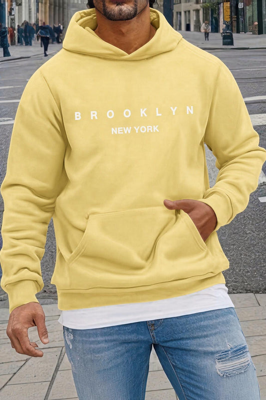 Sw Newyork Brooklyn Baskılı İki İplik Pamuklu Erkek Kanguru Cepli Kapüşonlu Sweatshirt / Hoodie