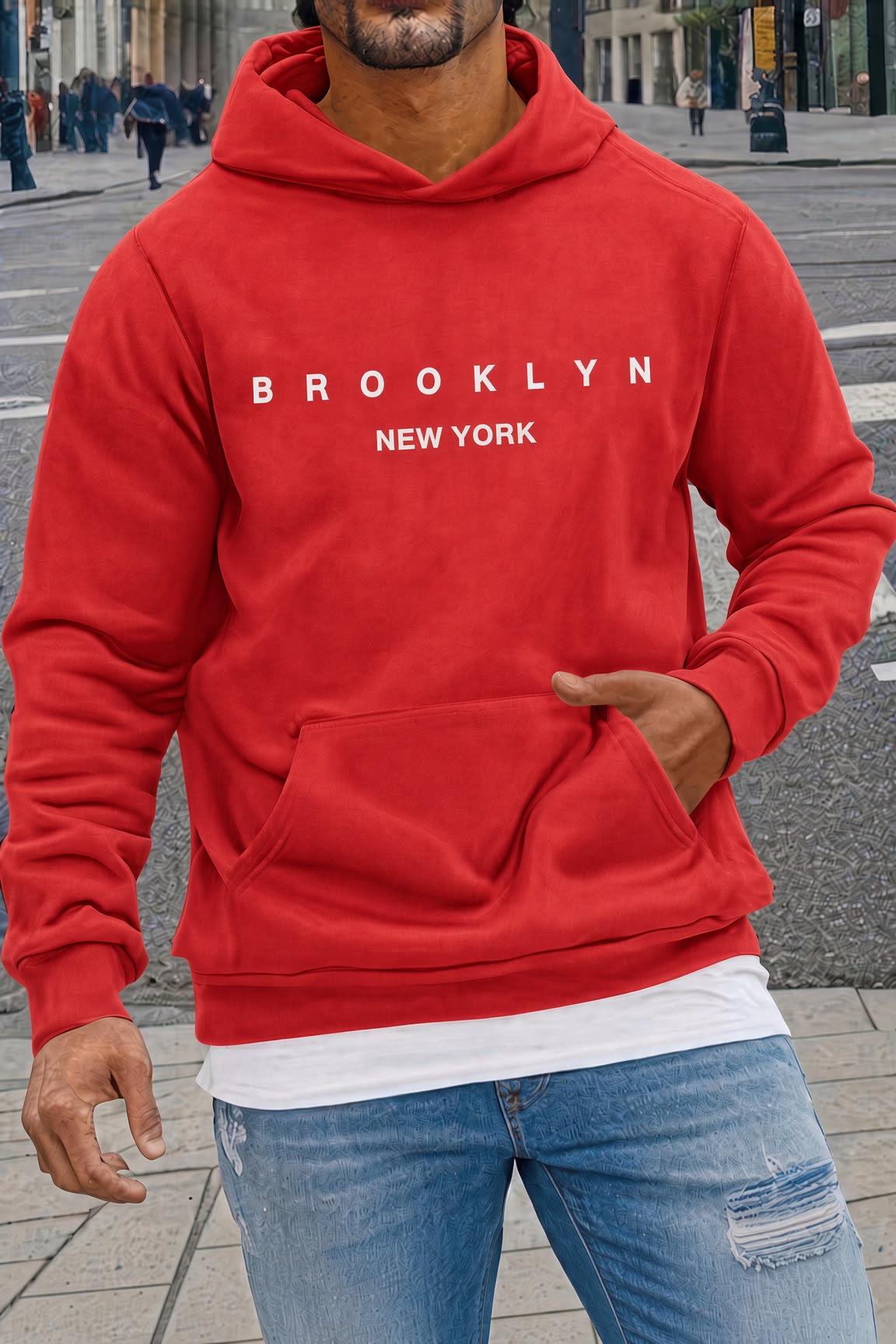 Sw Newyork Brooklyn Baskılı İki İplik Pamuklu Erkek Kanguru Cepli Kapüşonlu Sweatshirt / Hoodie