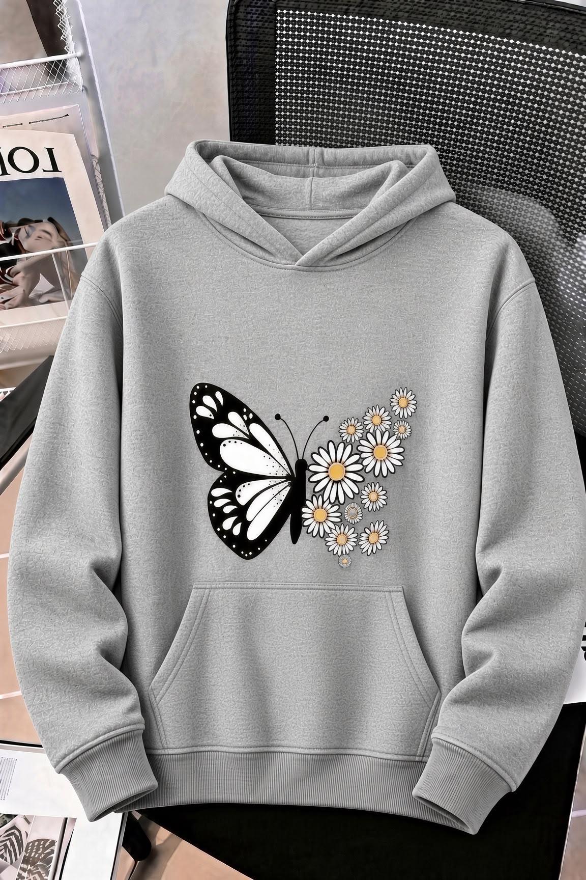 Sw Papatya Kadın Ön Baskılı Oversize Kapüşonlu Sweatshirt Kanguru Cepli İki İplik Şardonlu Hoodie