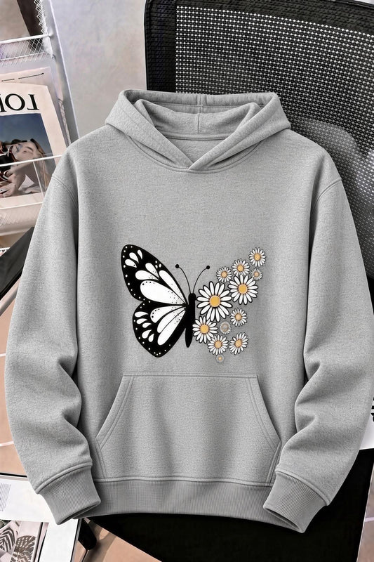 Sw Papatya Kadın Ön Baskılı Oversize Kapüşonlu Sweatshirt Kanguru Cepli İki İplik Şardonlu Hoodie