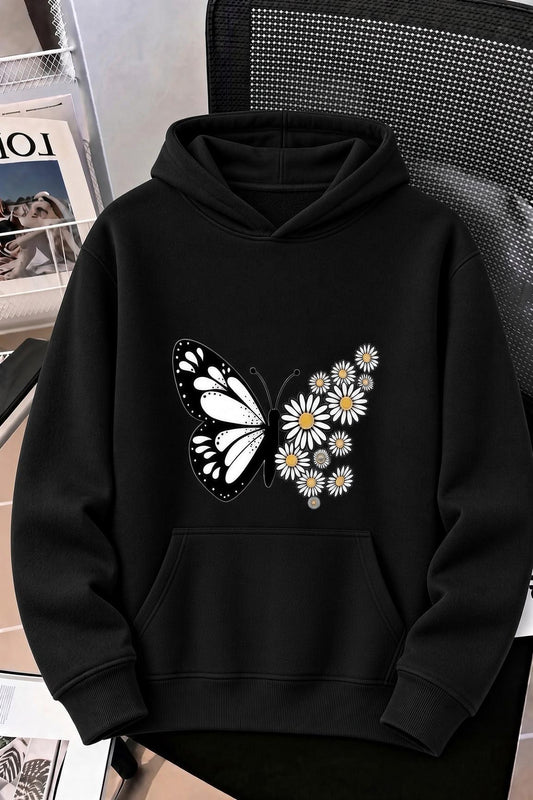 Sw Papatya Kadın Ön Baskılı Oversize Kapüşonlu Sweatshirt Kanguru Cepli İki İplik Şardonlu Hoodie