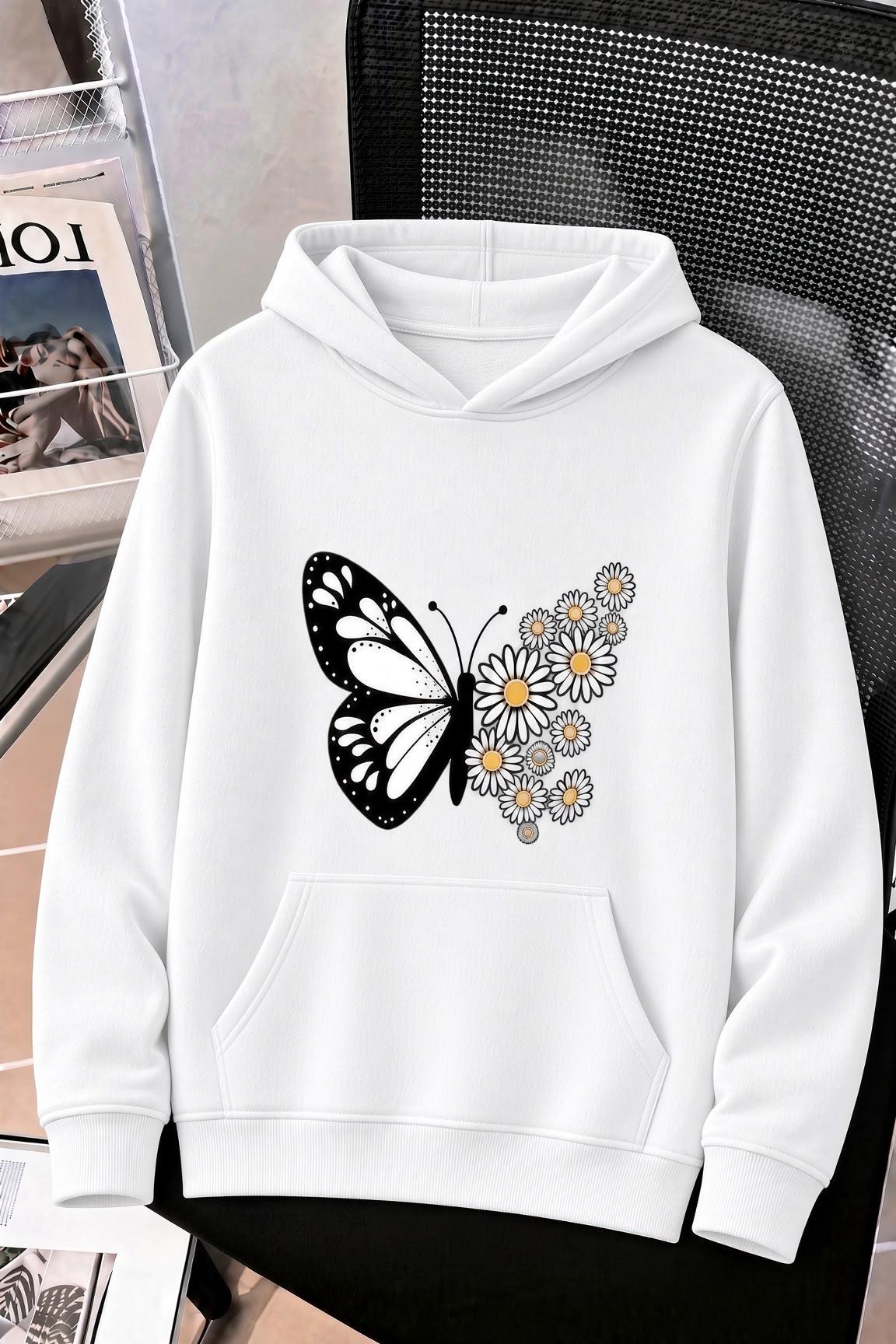 Sw Papatya Kadın Ön Baskılı Oversize Kapüşonlu Sweatshirt Kanguru Cepli İki İplik Şardonlu Hoodie