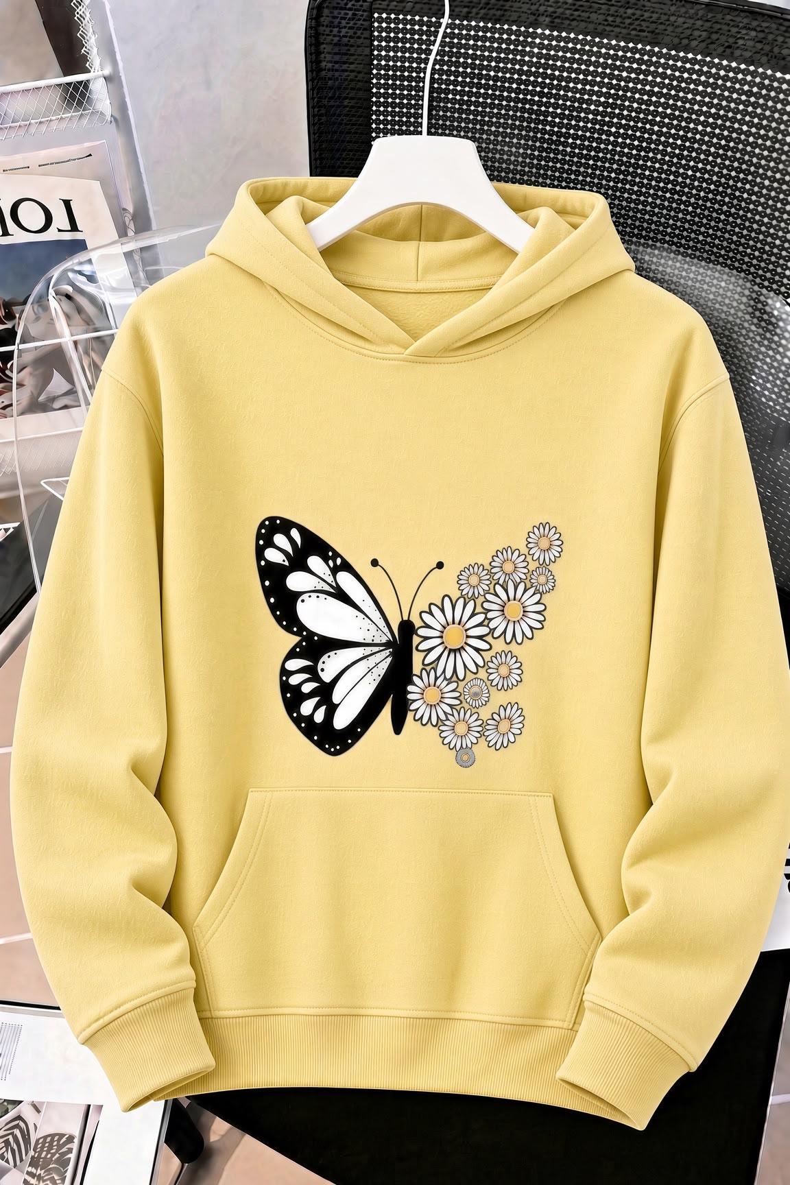 Sw Papatya Kadın Ön Baskılı Oversize Kapüşonlu Sweatshirt Kanguru Cepli İki İplik Şardonlu Hoodie