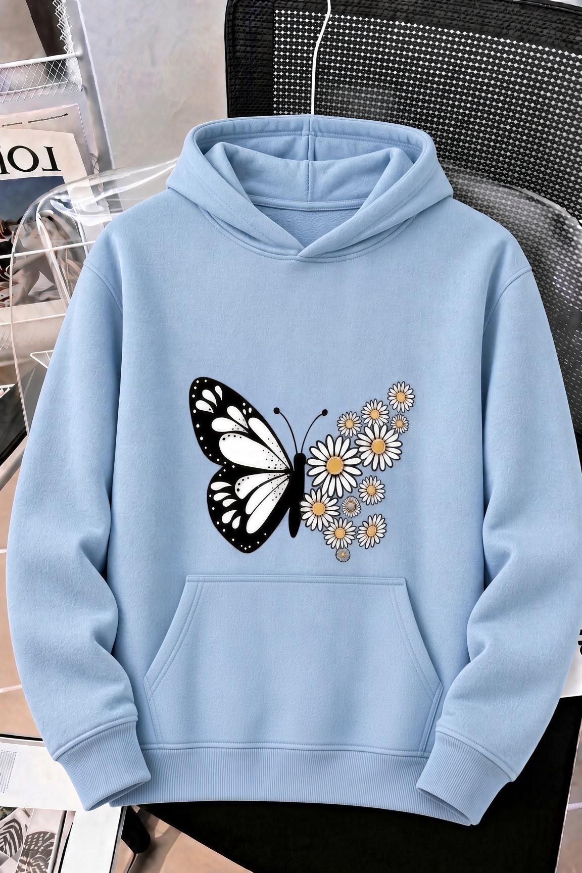 Sw Papatya Kadın Ön Baskılı Oversize Kapüşonlu Sweatshirt Kanguru Cepli İki İplik Şardonlu Hoodie