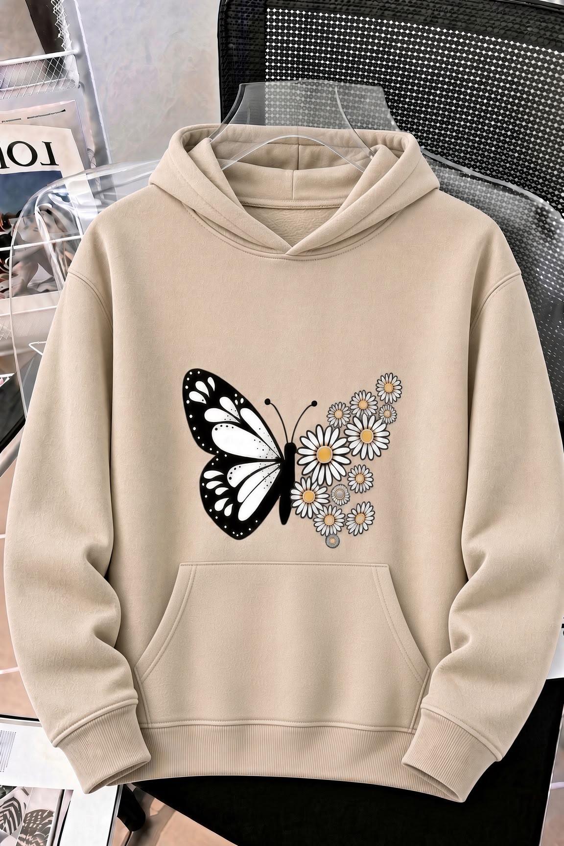 Sw Papatya Kadın Ön Baskılı Oversize Kapüşonlu Sweatshirt Kanguru Cepli İki İplik Şardonlu Hoodie