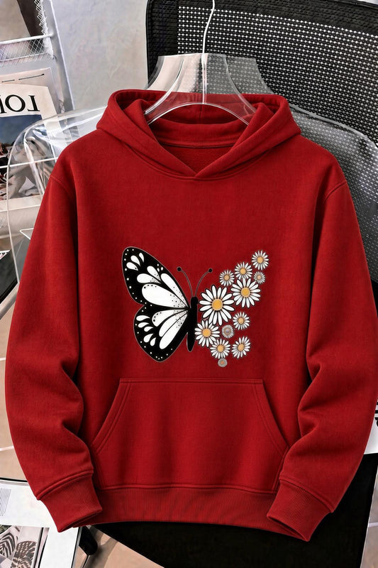 Sw Papatya Kadın Ön Baskılı Oversize Kapüşonlu Sweatshirt Kanguru Cepli İki İplik Şardonlu Hoodie