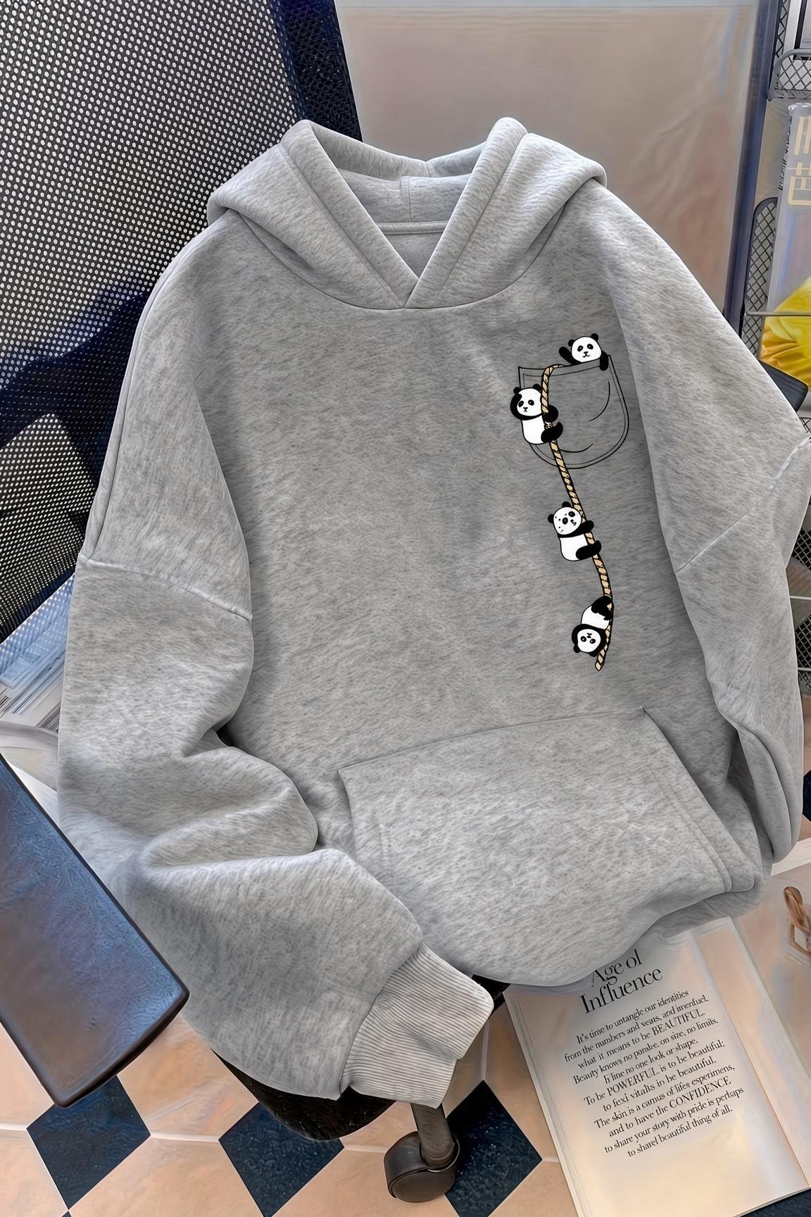 Sw Sevimli Panda Detaylı Kanguru Cepli Oversize Kapüşonlu Sweatshirt (Hoodie)