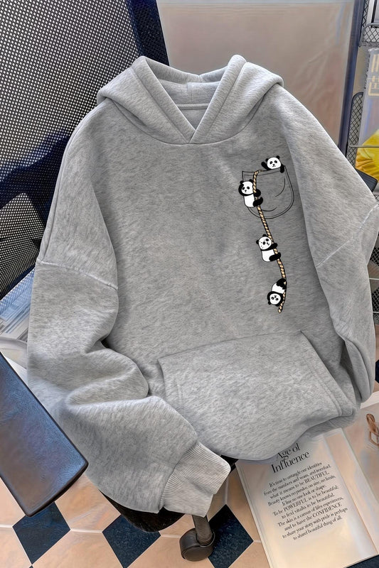 Sw Sevimli Panda Detaylı Kanguru Cepli Oversize Kapüşonlu Sweatshirt (Hoodie)
