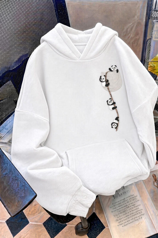 Sw Sevimli Panda Detaylı Kanguru Cepli Oversize Kapüşonlu Sweatshirt (Hoodie)