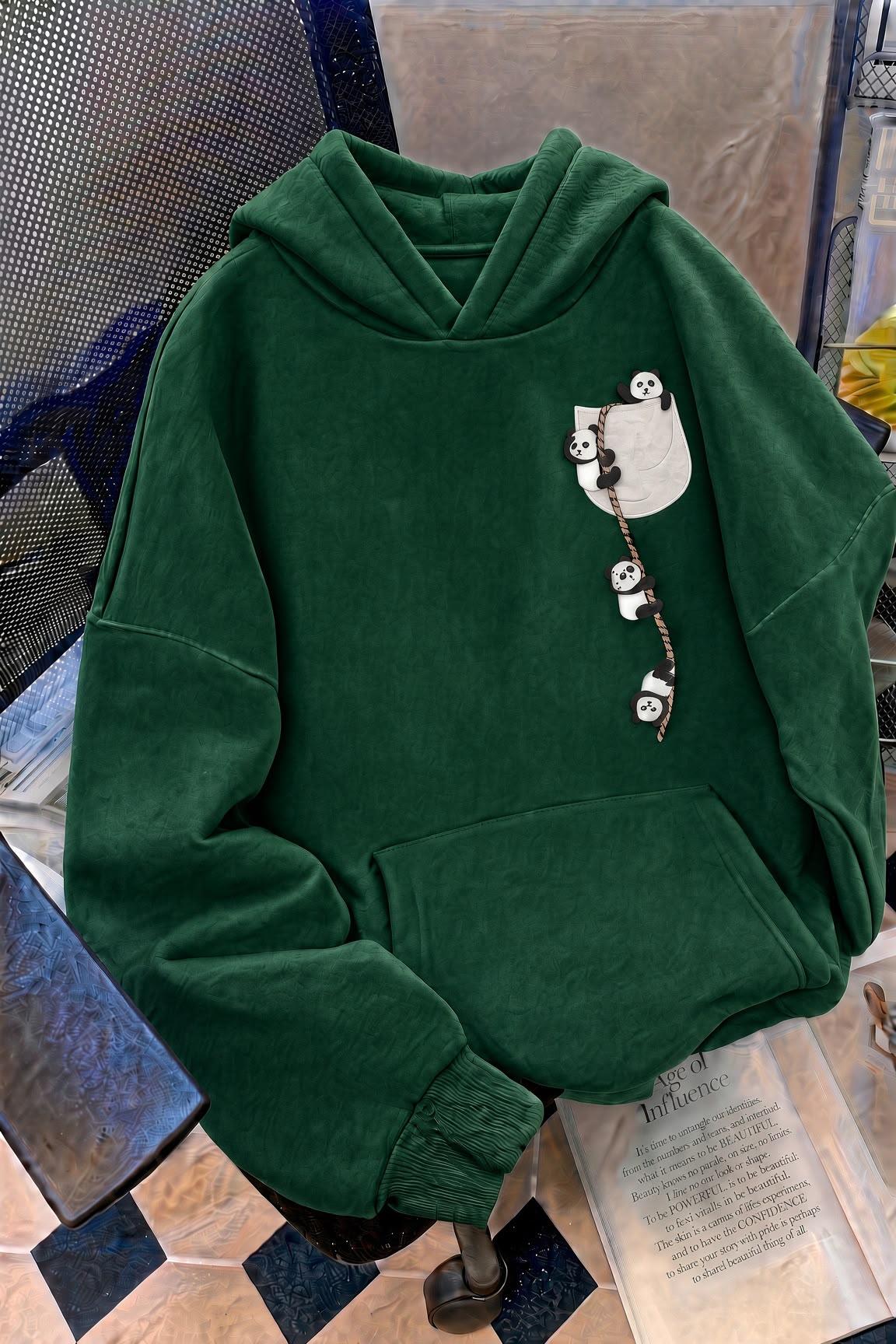 Sw Sevimli Panda Detaylı Kanguru Cepli Oversize Kapüşonlu Sweatshirt (Hoodie)