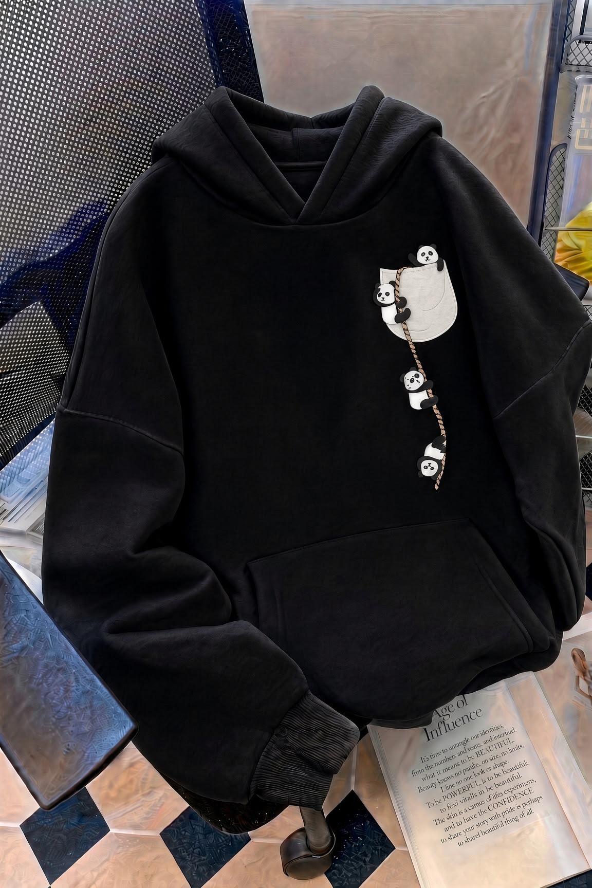 Sw Sevimli Panda Detaylı Kanguru Cepli Oversize Kapüşonlu Sweatshirt (Hoodie)