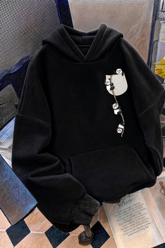 Sw Sevimli Panda Detaylı Kanguru Cepli Oversize Kapüşonlu Sweatshirt (Hoodie)