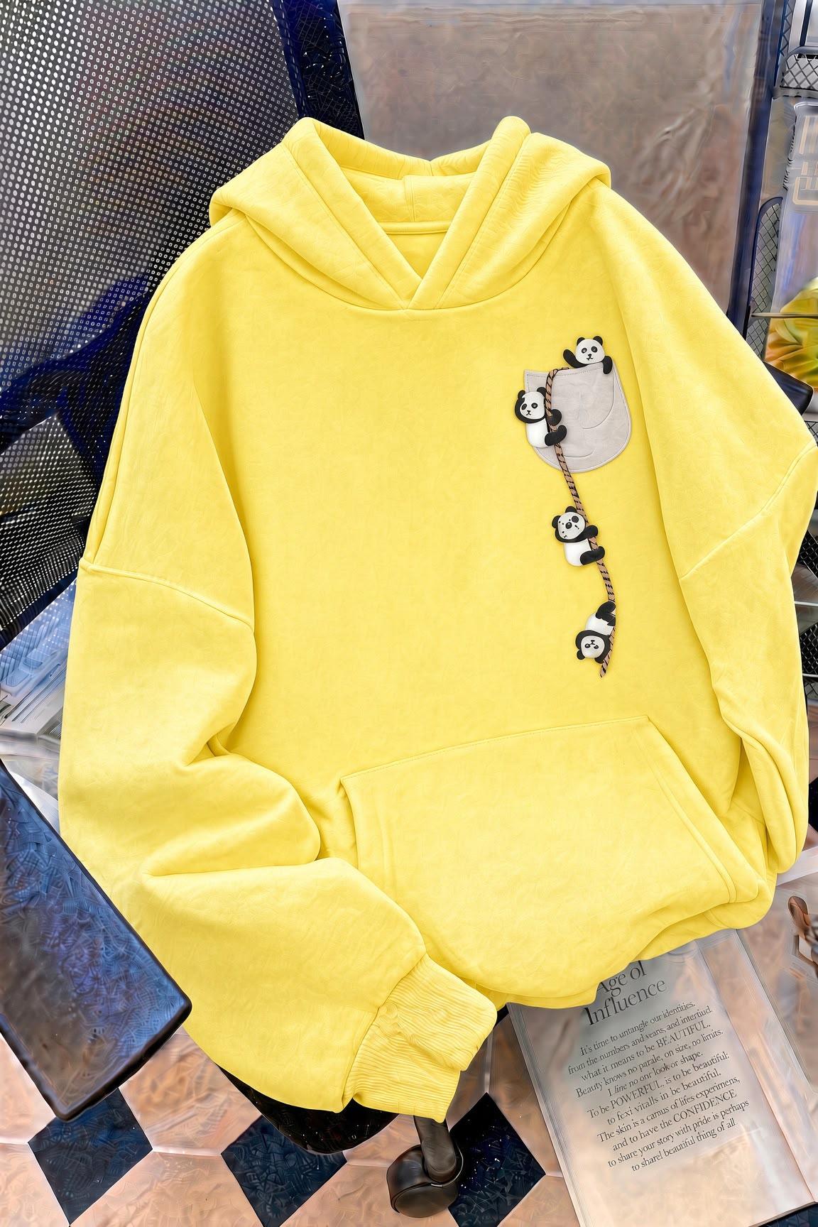 Sw Sevimli Panda Detaylı Kanguru Cepli Oversize Kapüşonlu Sweatshirt (Hoodie)