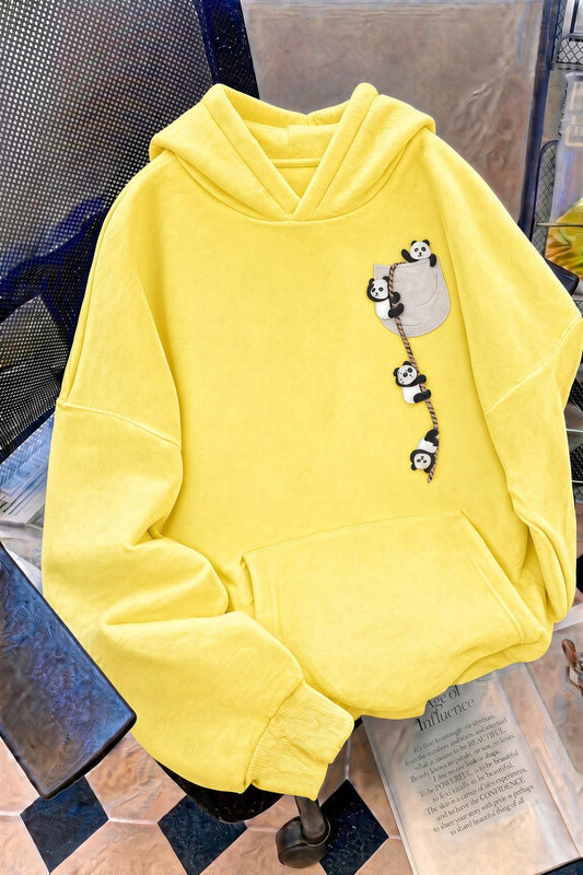 Sw Sevimli Panda Detaylı Kanguru Cepli Oversize Kapüşonlu Sweatshirt (Hoodie)