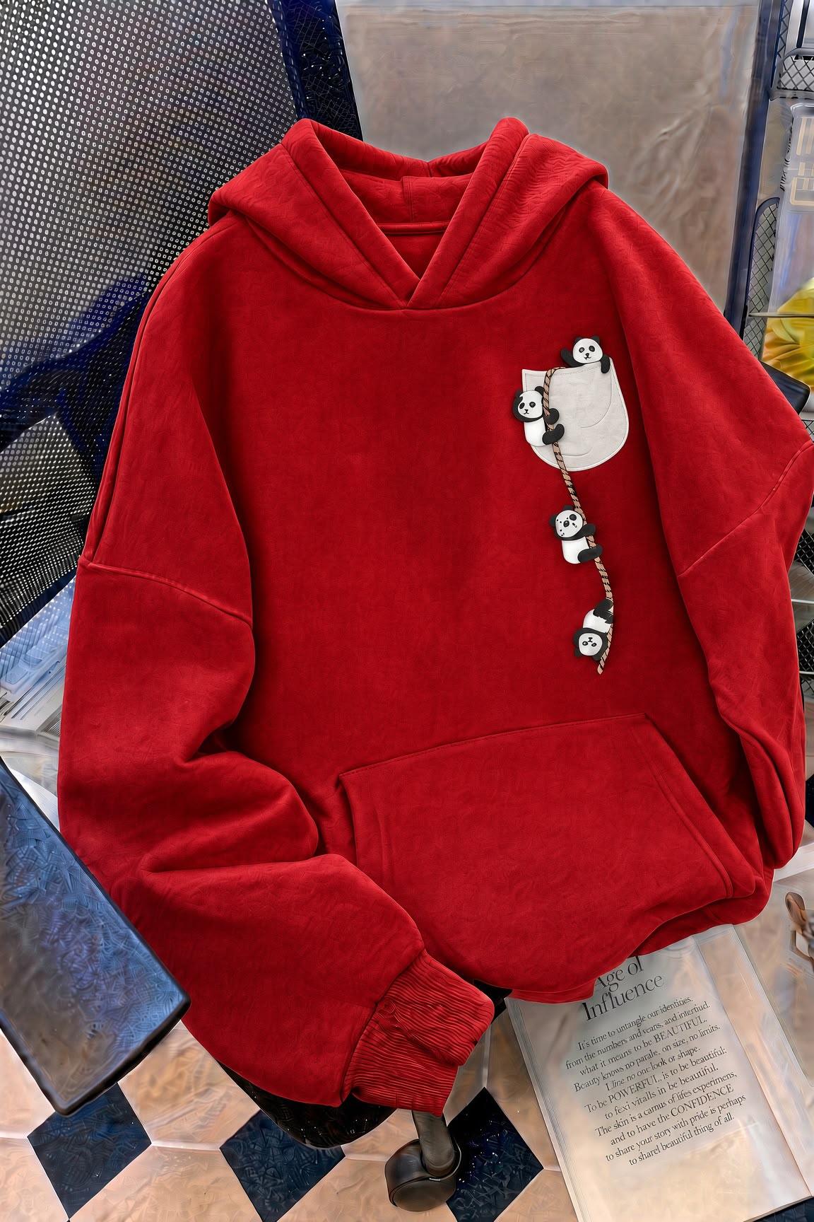 Sw Sevimli Panda Detaylı Kanguru Cepli Oversize Kapüşonlu Sweatshirt (Hoodie)