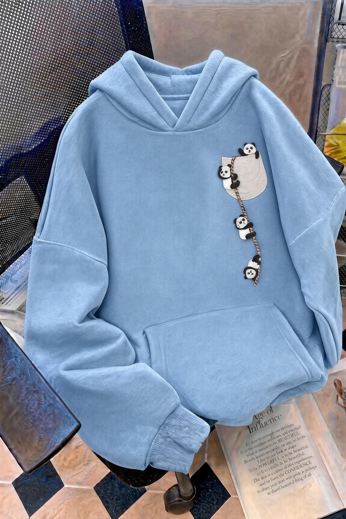 Sw Sevimli Panda Detaylı Kanguru Cepli Oversize Kapüşonlu Sweatshirt (Hoodie)