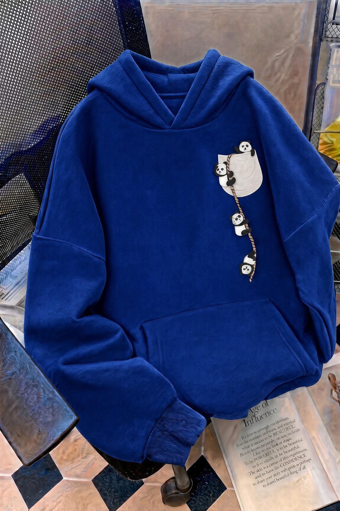Sw Sevimli Panda Detaylı Kanguru Cepli Oversize Kapüşonlu Sweatshirt (Hoodie)