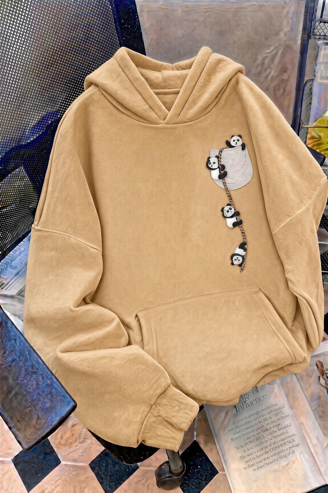 Sw Sevimli Panda Detaylı Kanguru Cepli Oversize Kapüşonlu Sweatshirt (Hoodie)