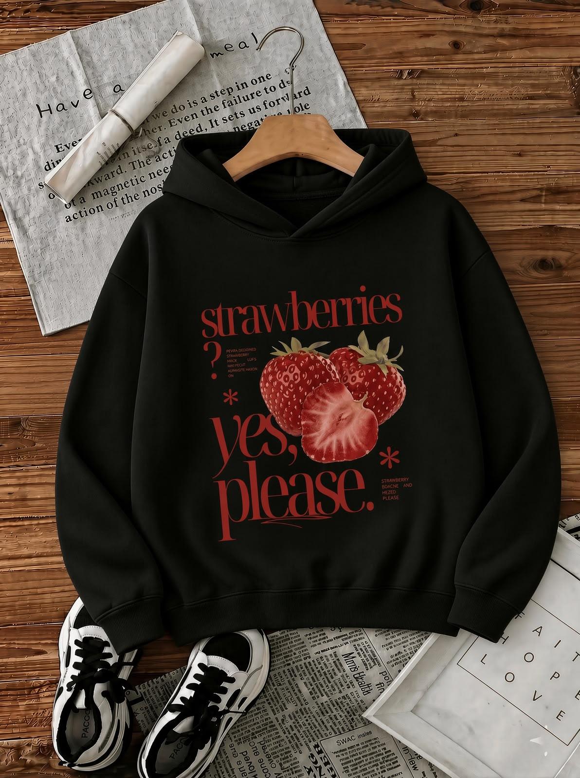 Sw Strawberries Yes, Please." Ön Baskılı Renkli Kadın Kapüşonlu Sweatshirt