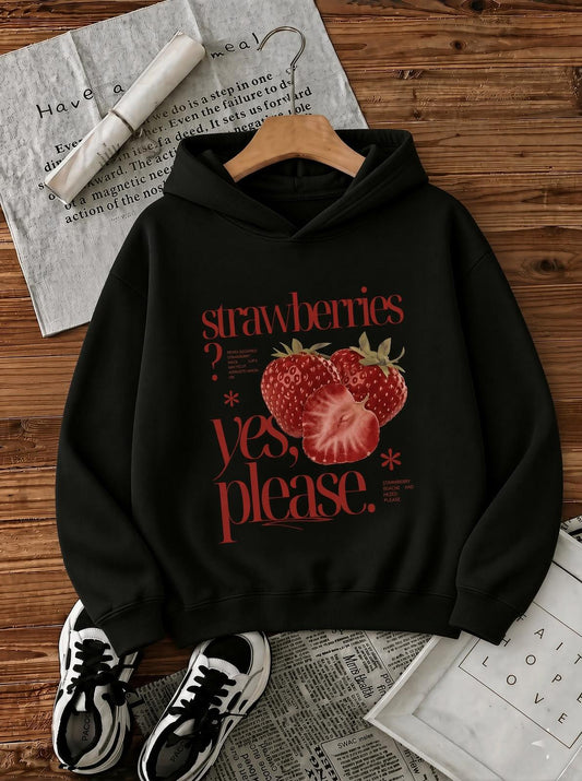 Sw Strawberries Yes, Please." Ön Baskılı Renkli Kadın Kapüşonlu Sweatshirt