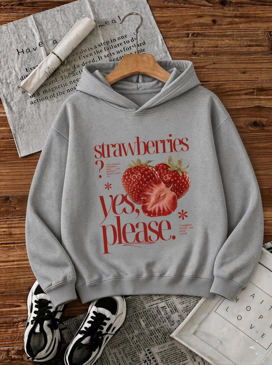 Sw Strawberries Yes, Please." Ön Baskılı Renkli Kadın Kapüşonlu Sweatshirt