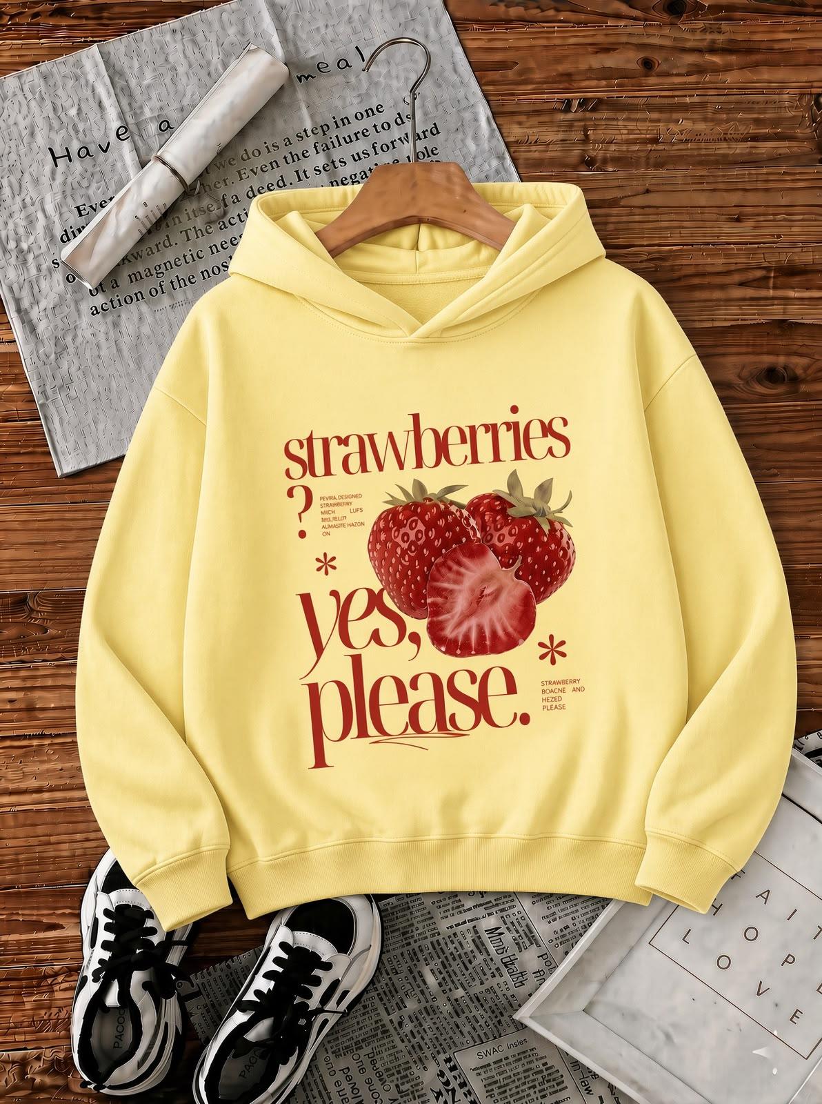 Sw Strawberries Yes, Please." Ön Baskılı Renkli Kadın Kapüşonlu Sweatshirt