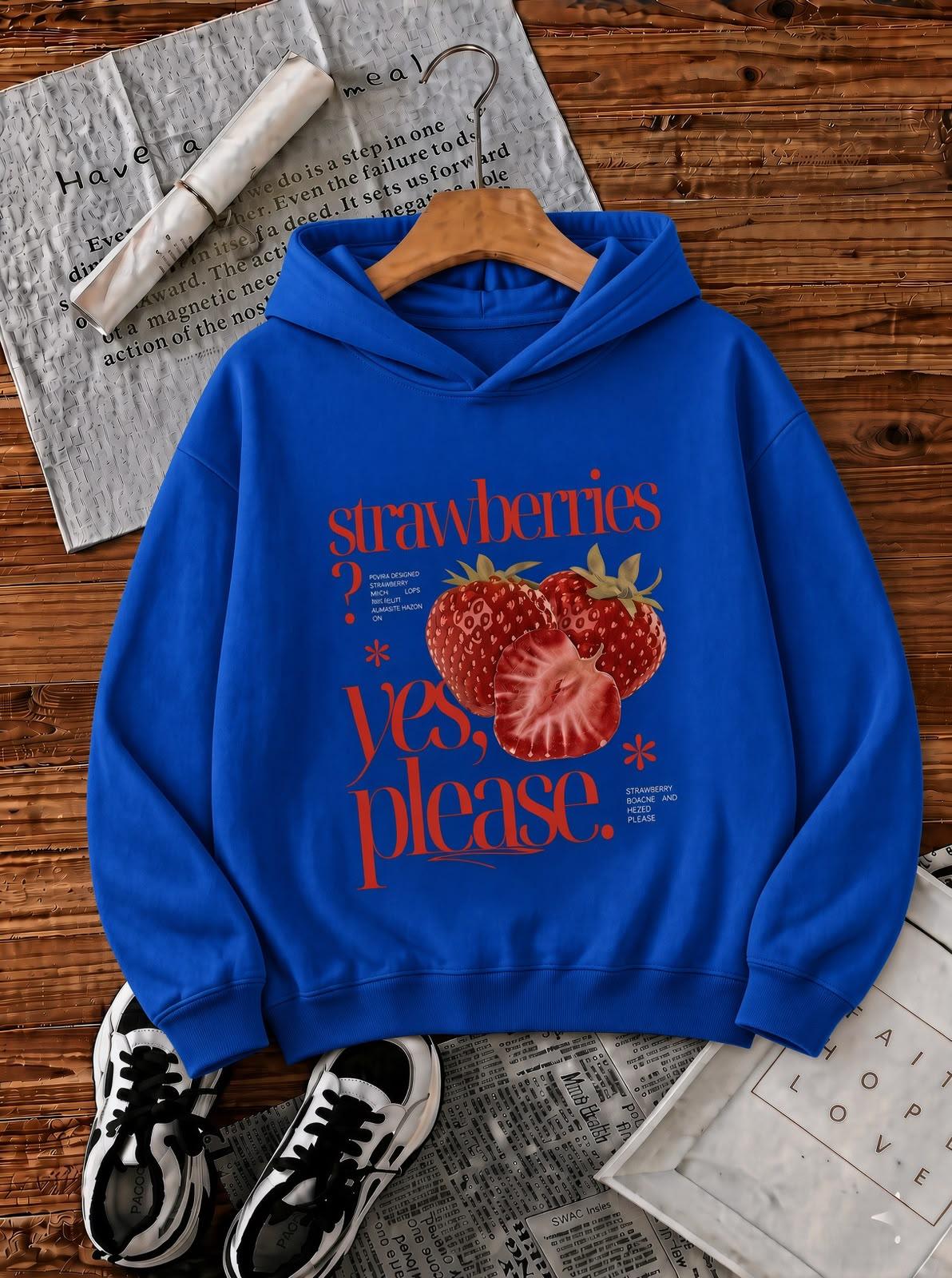 Sw Strawberries Yes, Please." Ön Baskılı Renkli Kadın Kapüşonlu Sweatshirt