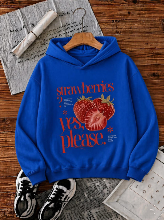Sw Strawberries Yes, Please." Ön Baskılı Renkli Kadın Kapüşonlu Sweatshirt
