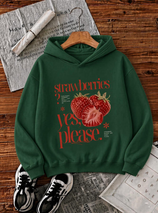 Sw Strawberries Yes, Please." Ön Baskılı Renkli Kadın Kapüşonlu Sweatshirt