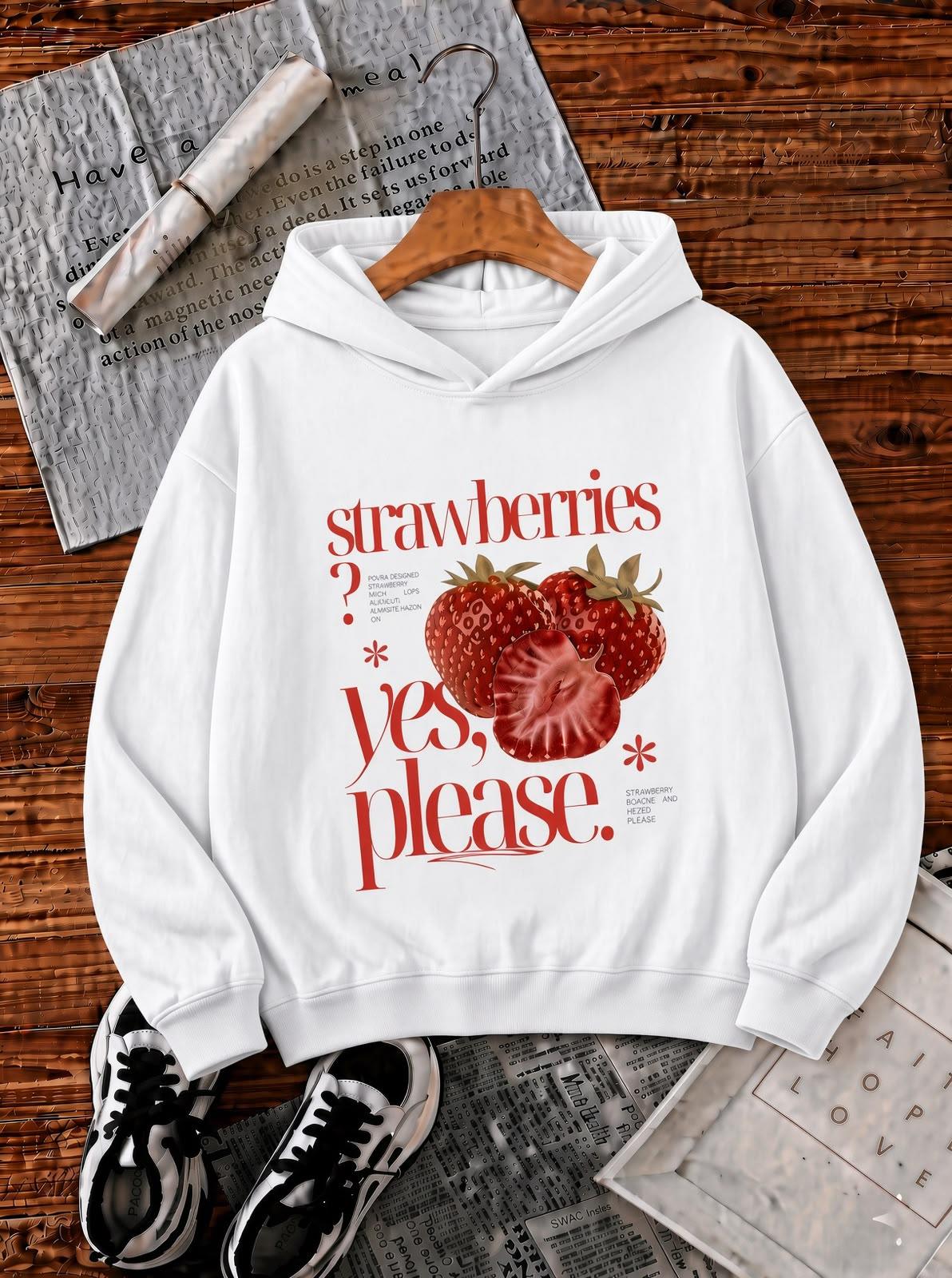 Sw Strawberries Yes, Please." Ön Baskılı Renkli Kadın Kapüşonlu Sweatshirt