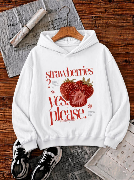 Sw Strawberries Yes, Please." Ön Baskılı Renkli Kadın Kapüşonlu Sweatshirt