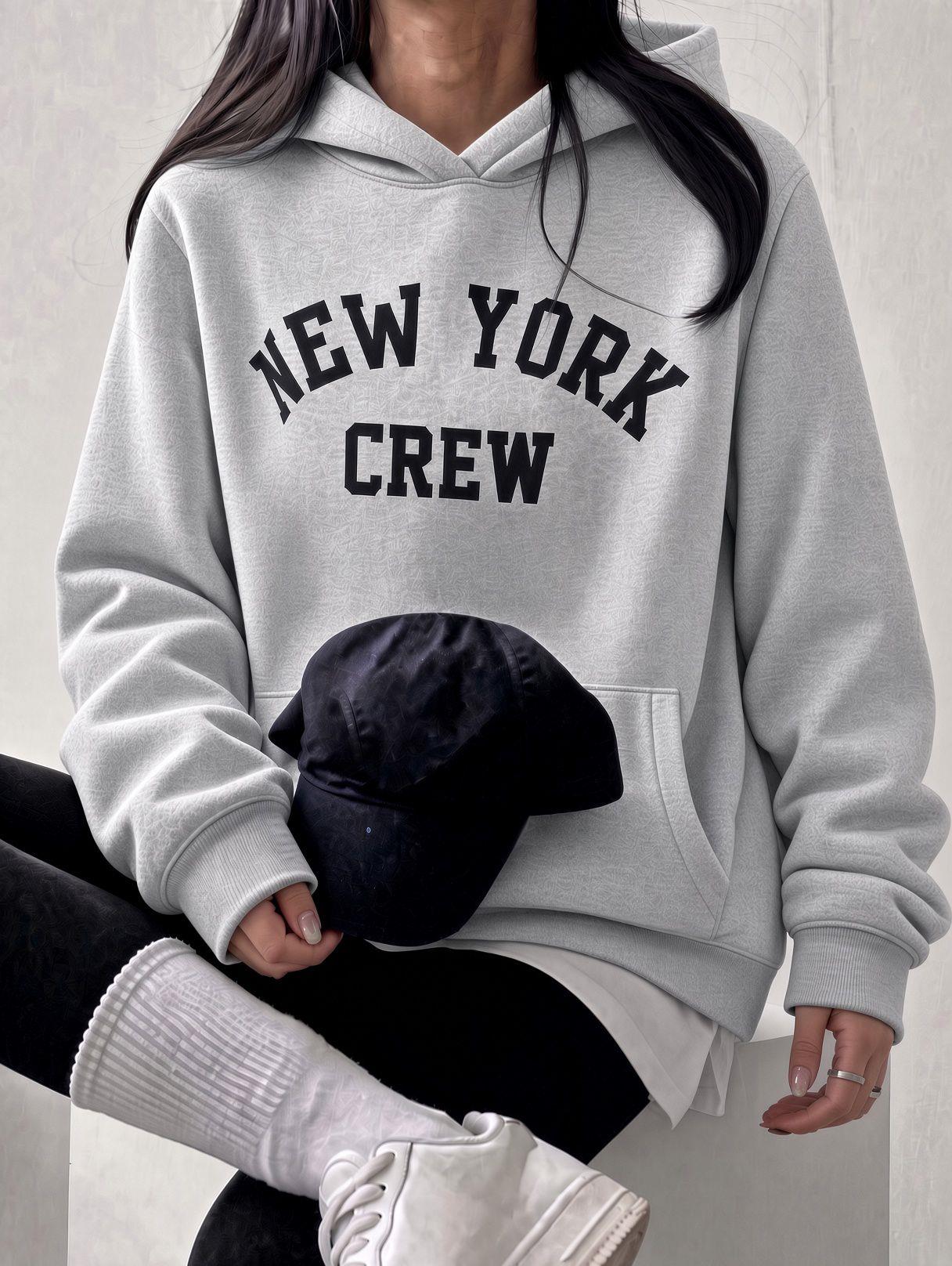 Sw Unisex Oversize "New York Crew" Baskılı Kapüşonlu Kanguru Cep Sweatshirt