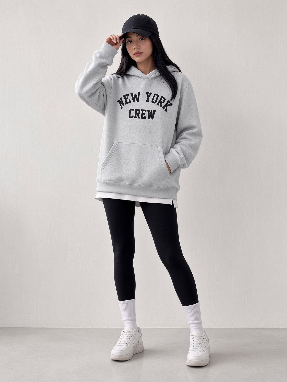 Sw Unisex Oversize "New York Crew" Baskılı Kapüşonlu Kanguru Cep Sweatshirt