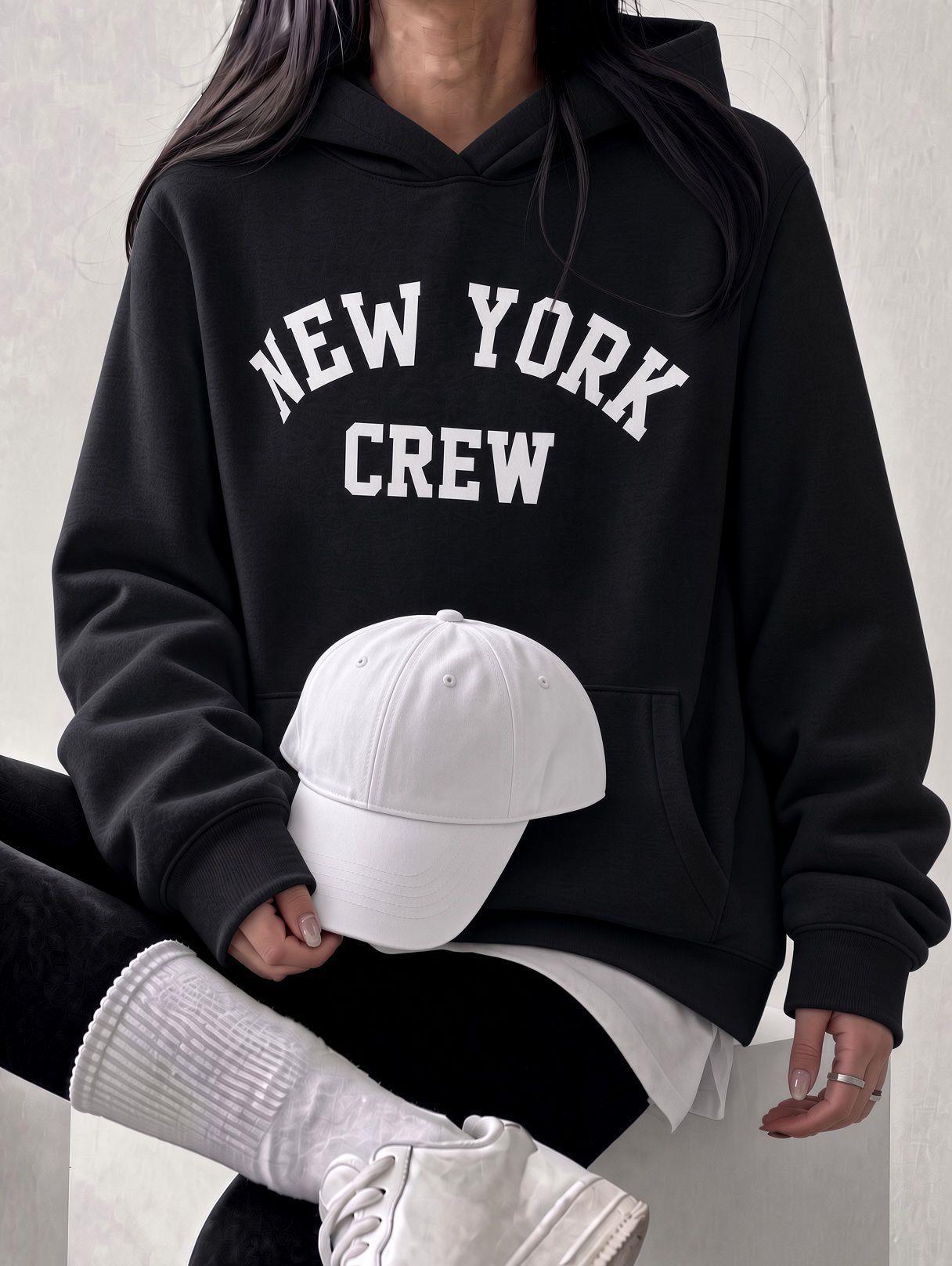 Sw Unisex Oversize "New York Crew" Baskılı Kapüşonlu Kanguru Cep Sweatshirt