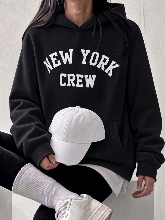 Sw Unisex Oversize "New York Crew" Baskılı Kapüşonlu Kanguru Cep Sweatshirt