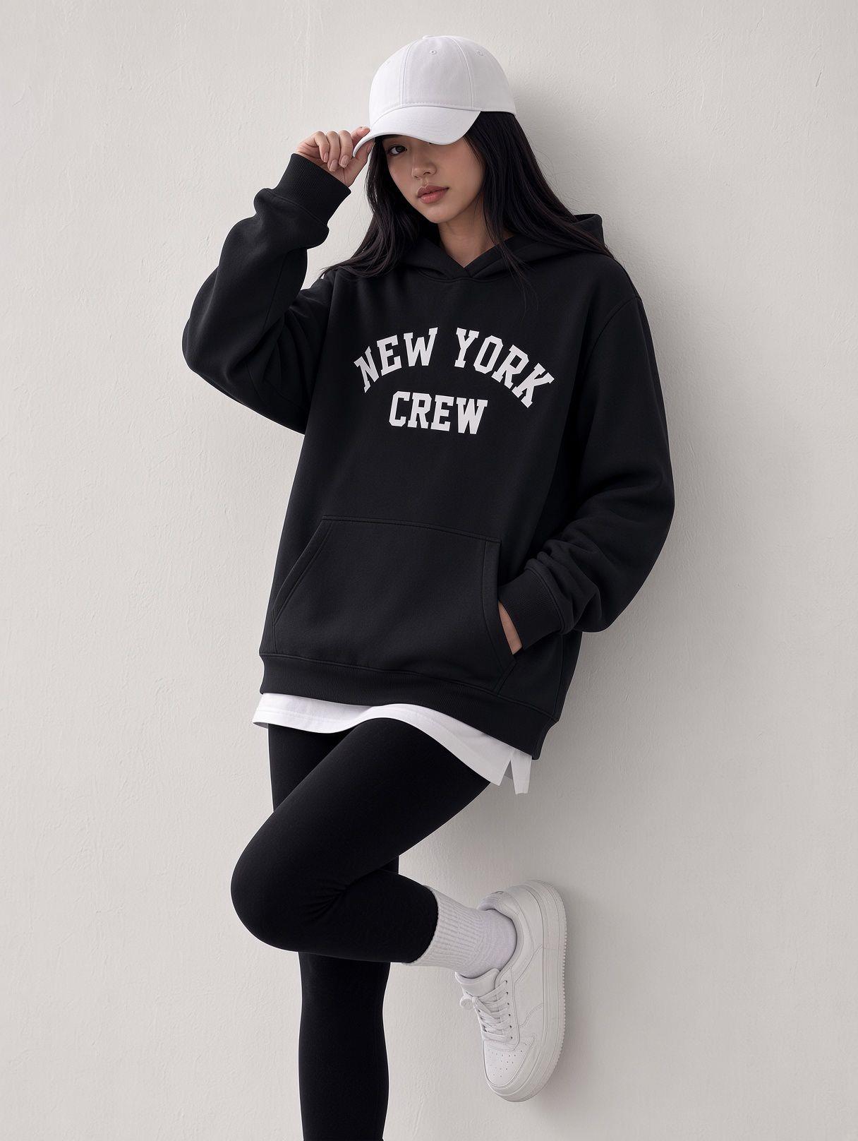 Sw Unisex Oversize "New York Crew" Baskılı Kapüşonlu Kanguru Cep Sweatshirt
