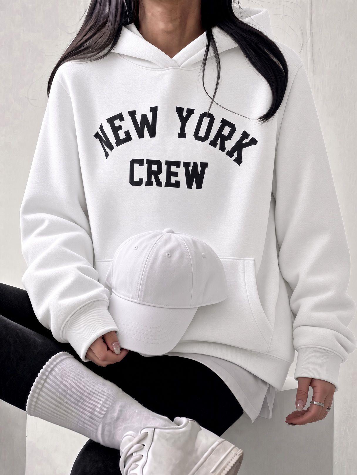 Sw Unisex Oversize "New York Crew" Baskılı Kapüşonlu Kanguru Cep Sweatshirt