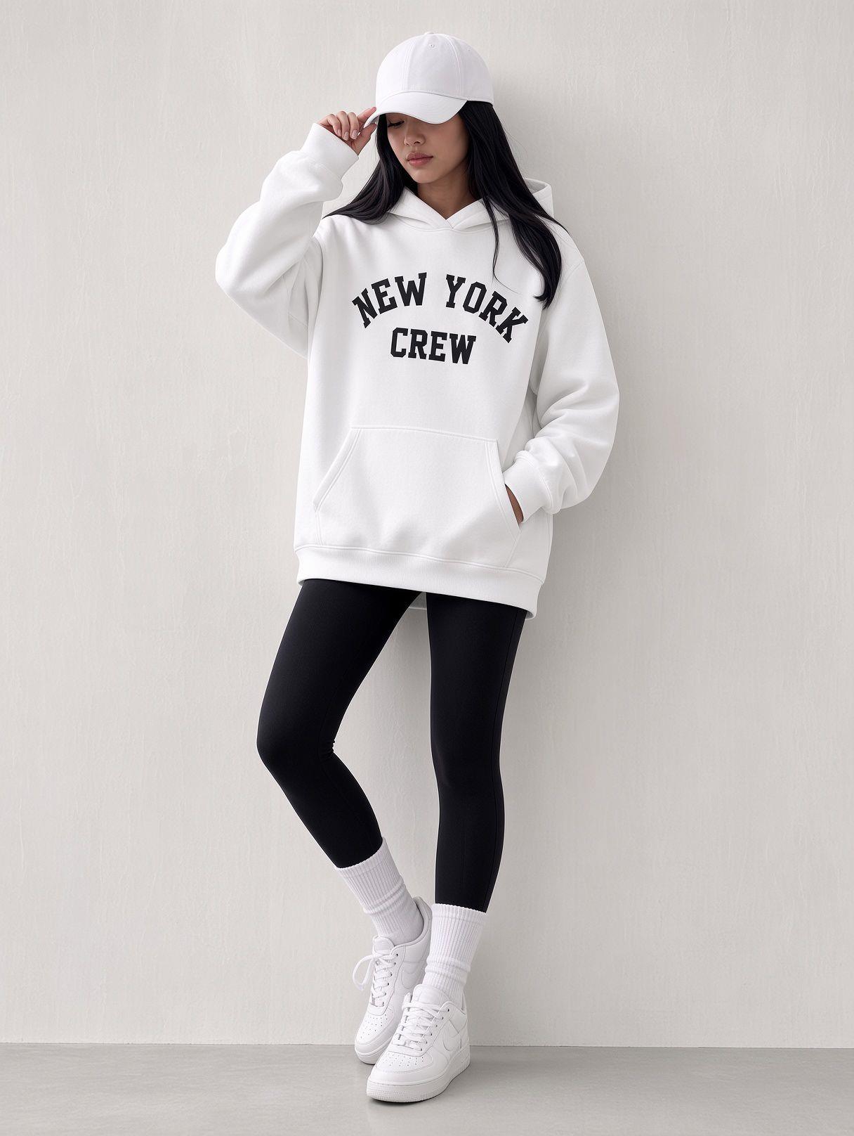 Sw Unisex Oversize "New York Crew" Baskılı Kapüşonlu Kanguru Cep Sweatshirt