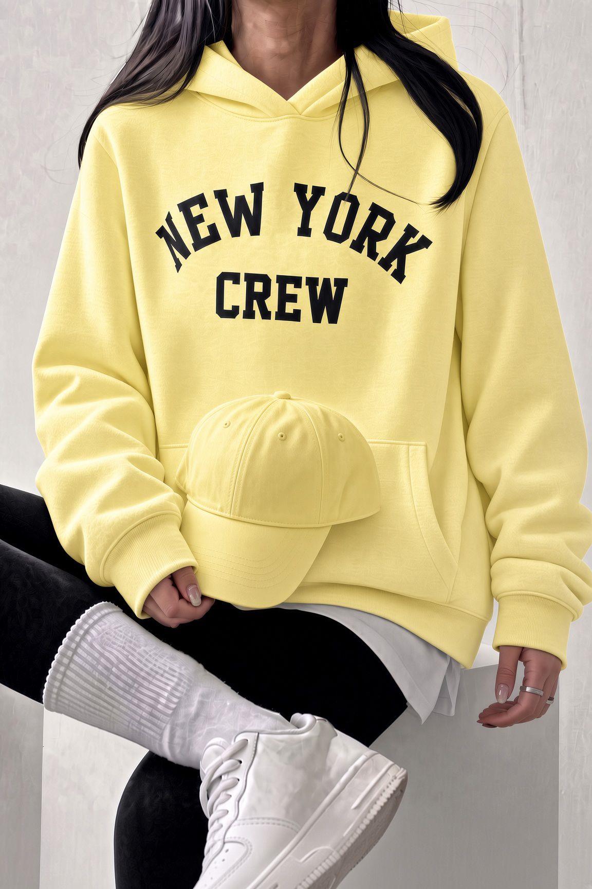 Sw Unisex Oversize "New York Crew" Baskılı Kapüşonlu Kanguru Cep Sweatshirt