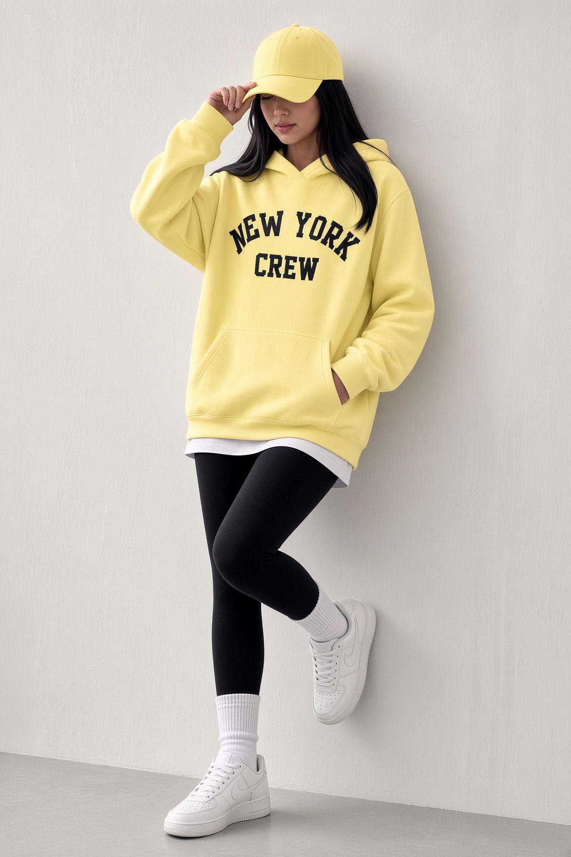 Sw Unisex Oversize "New York Crew" Baskılı Kapüşonlu Kanguru Cep Sweatshirt