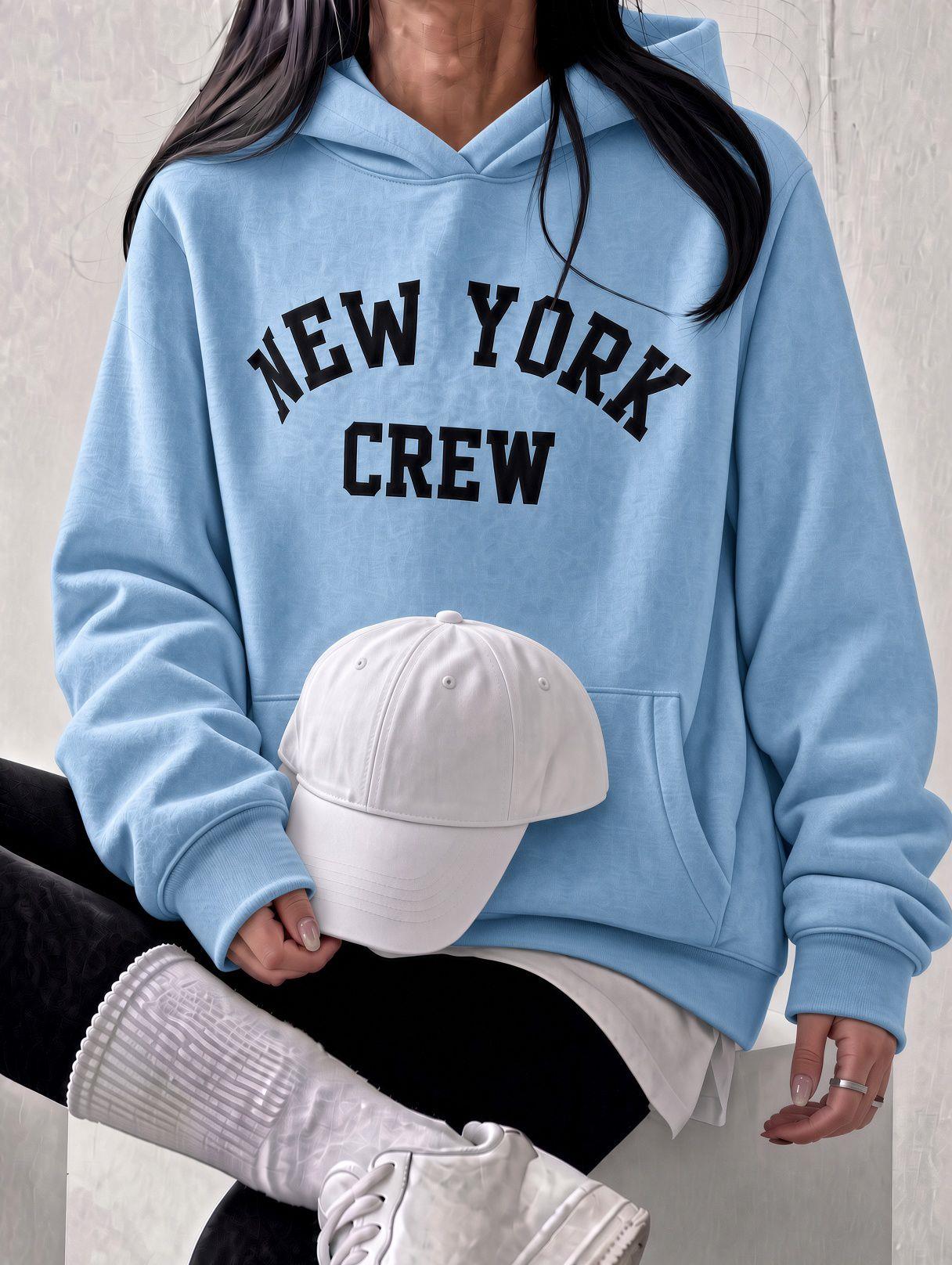 Sw Unisex Oversize "New York Crew" Baskılı Kapüşonlu Kanguru Cep Sweatshirt