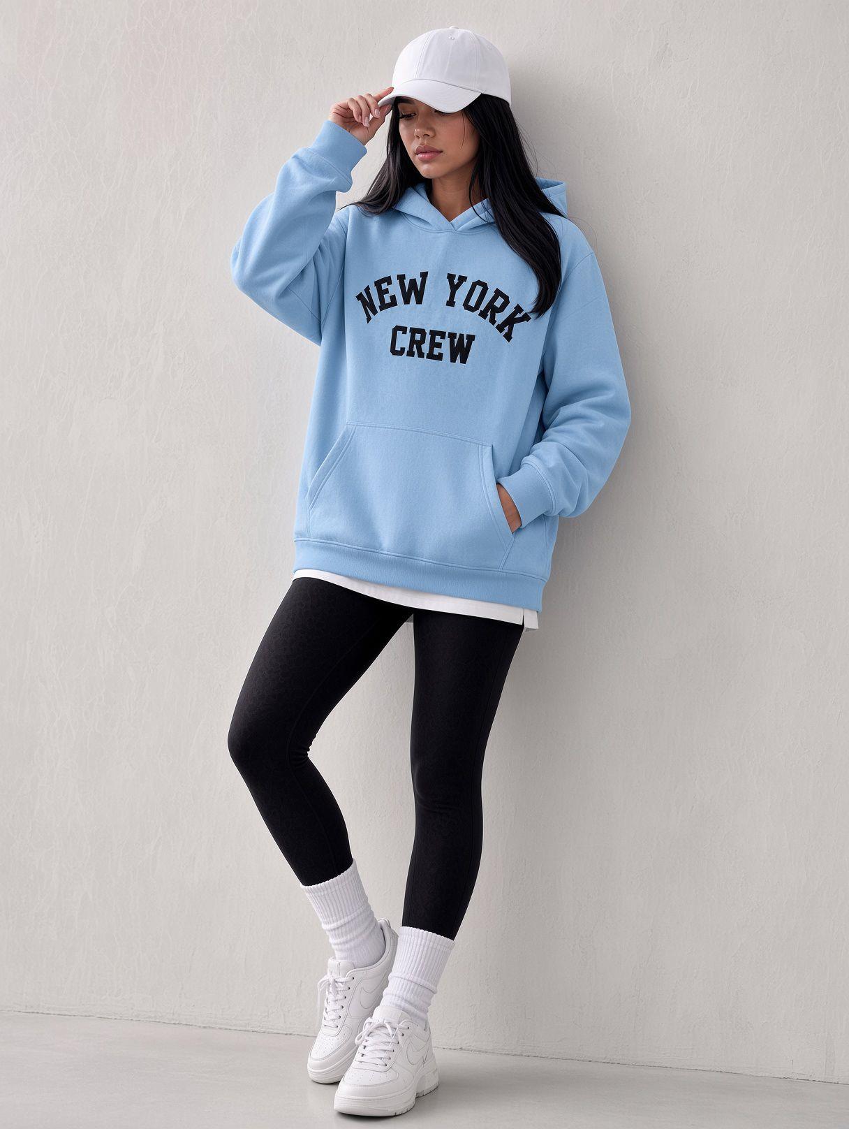 Sw Unisex Oversize "New York Crew" Baskılı Kapüşonlu Kanguru Cep Sweatshirt