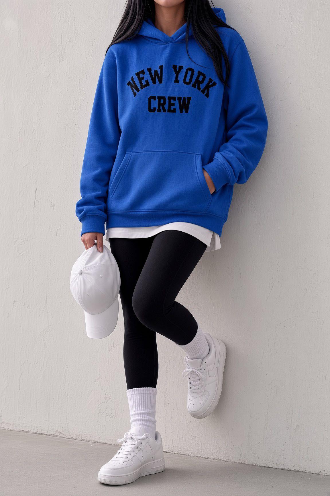 Sw Unisex Oversize "New York Crew" Baskılı Kapüşonlu Kanguru Cep Sweatshirt
