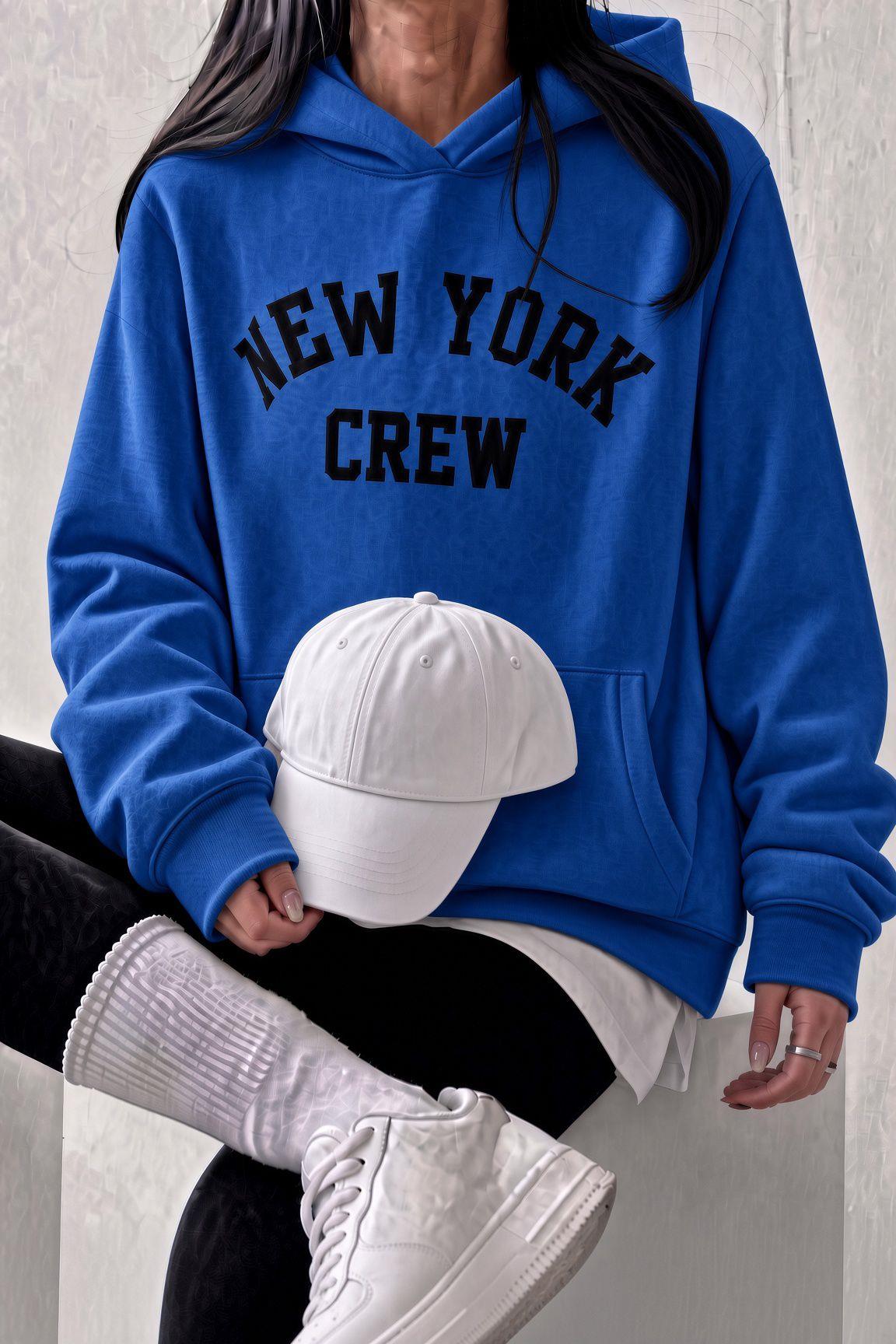 Sw Unisex Oversize "New York Crew" Baskılı Kapüşonlu Kanguru Cep Sweatshirt