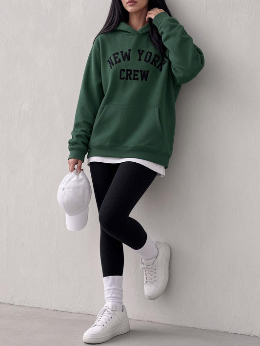 Sw Unisex Oversize "New York Crew" Baskılı Kapüşonlu Kanguru Cep Sweatshirt