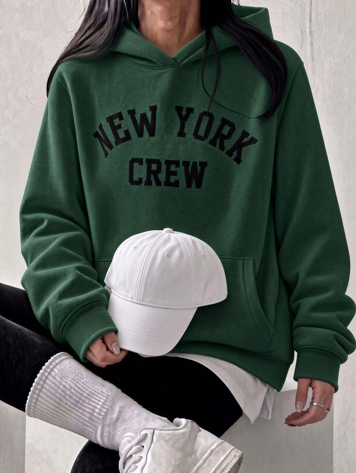 Sw Unisex Oversize "New York Crew" Baskılı Kapüşonlu Kanguru Cep Sweatshirt