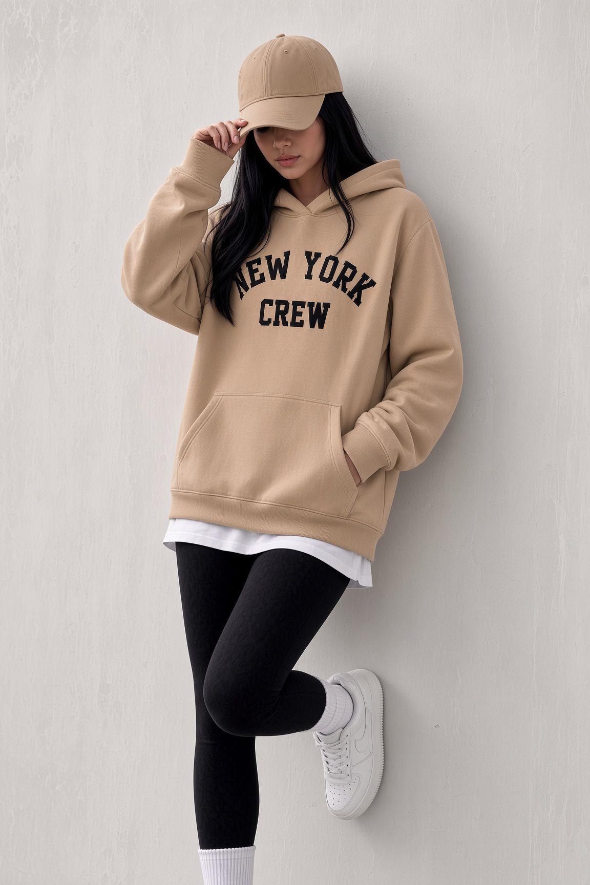 Sw Unisex Oversize "New York Crew" Baskılı Kapüşonlu Kanguru Cep Sweatshirt