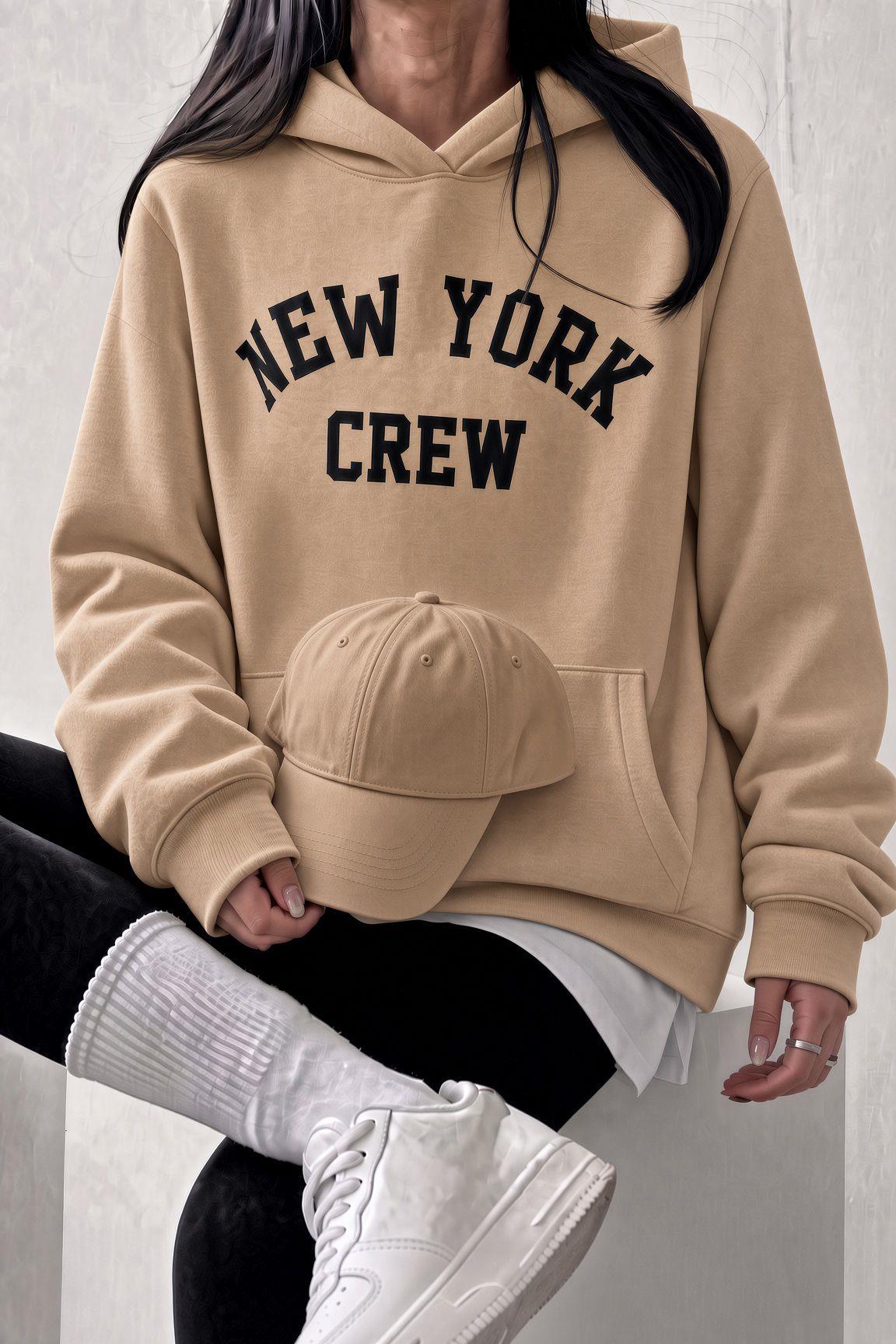 Sw Unisex Oversize "New York Crew" Baskılı Kapüşonlu Kanguru Cep Sweatshirt