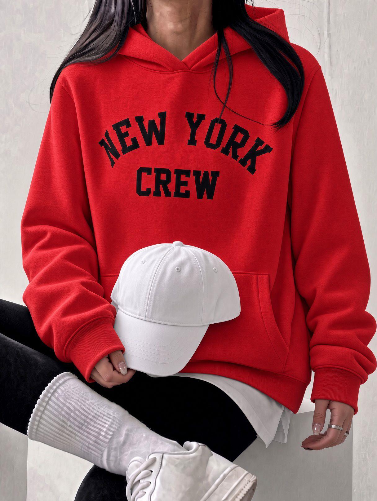 Sw Unisex Oversize "New York Crew" Baskılı Kapüşonlu Kanguru Cep Sweatshirt